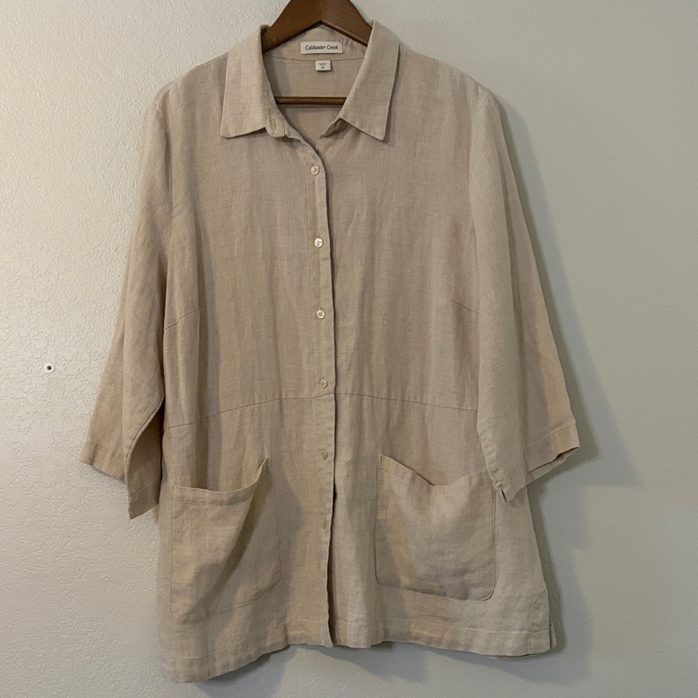 Coldwater Creek Beige Linen Button Up Top 100% Linen Size 2X